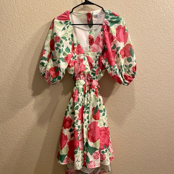 Mini Pink Floral Dress, puff shelves, open back - Picture 3 of 6